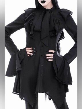 RARE Killstar 2020 Runa black chiffon blouse ruffle lavallière MEDIUM fits SMALL